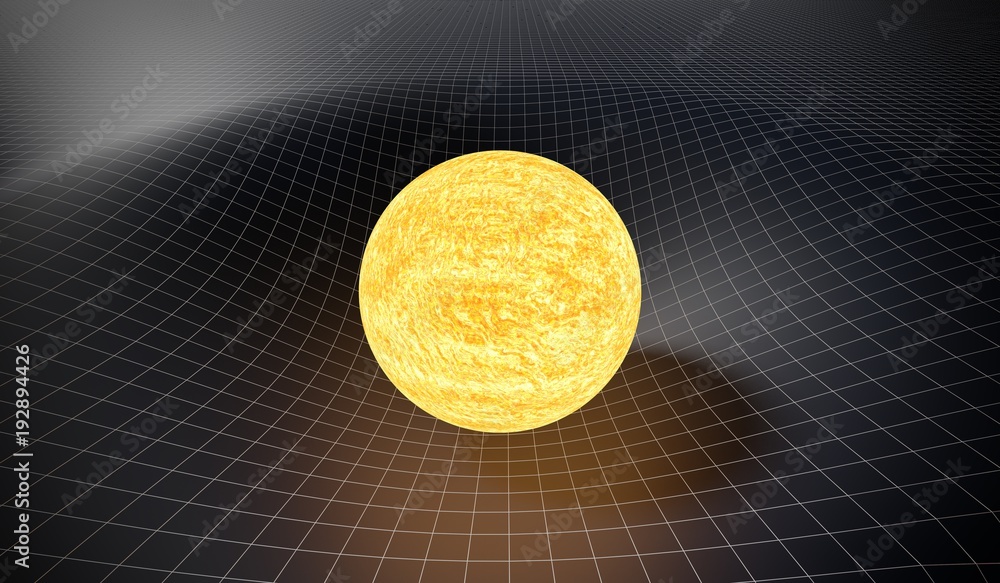 Wall mural gravity and general relativity concept. curved spacetime caused by gravity of sun. 3d rendered illus