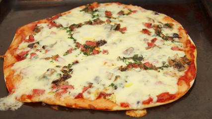 Pizza with mozzarella, fried mushrooms, sausage and parsley