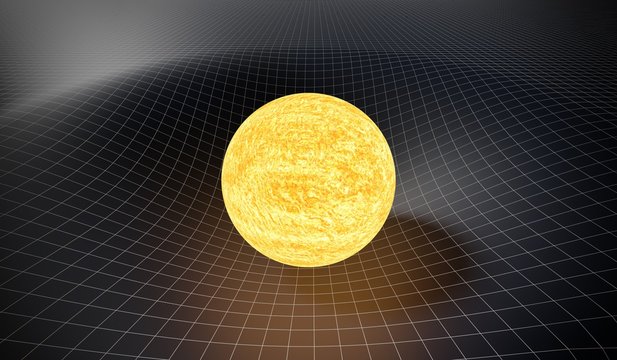 Gravity and general relativity concept. Curved spacetime caused by gravity of Sun. 3D rendered illustration.