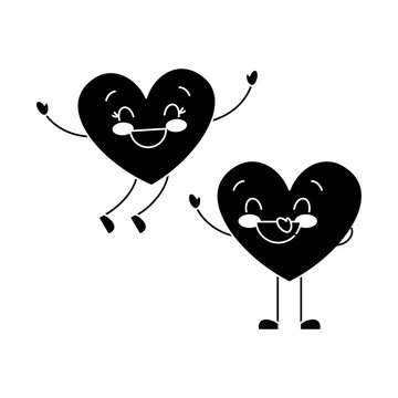 couple happy hearts in love together forever vector illustration black and white image