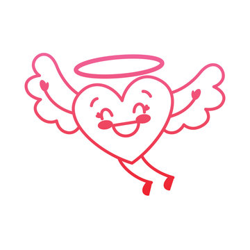 cute love heart flying wings romance vector illustration degrade red line image