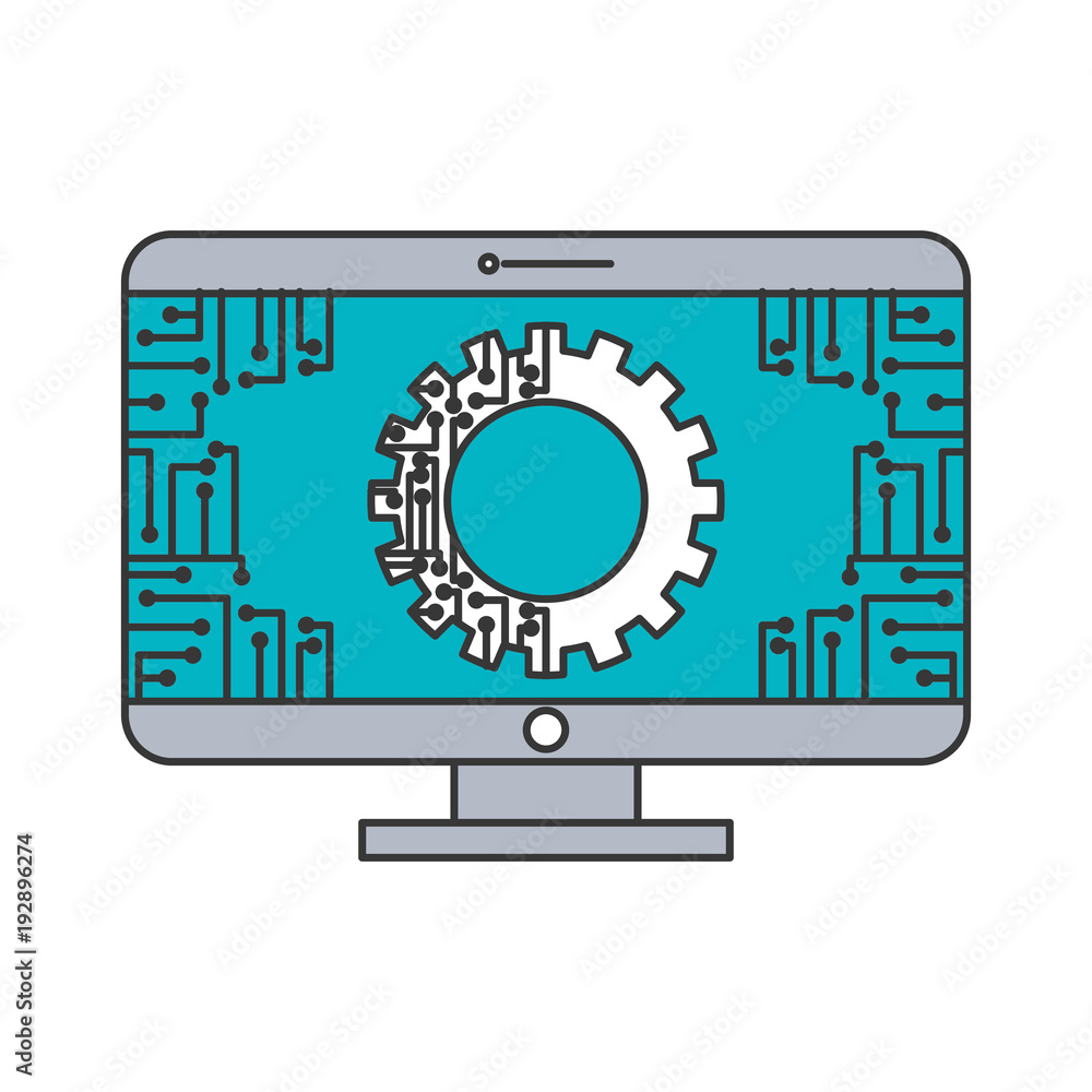 Poster monitor computer with gear circuit connection technology vector illustration blue and gray