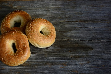 Freshly baked homemade bagels with  sesame seed and poppy seed 