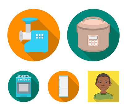 Multivarka, refrigerator, meat grinder, gas stove.Household set collection icons in flat style vector symbol stock illustration web.
