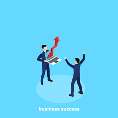 a man in a business suit shows another man a laptop with a growing chart, an isometric image