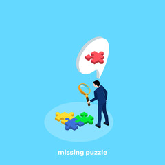 a man in a business suit with a magnifying glass is looking for the missing puzzle, isometric image