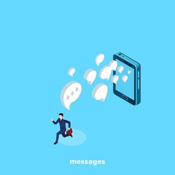 a man in a business suit runs away from messages emanating from his phone, an isometric image