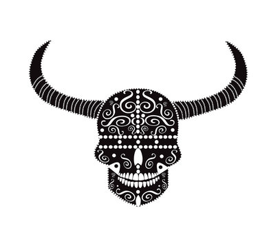 Devil skull with Aries horns, ornament symbol icon background 