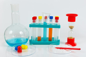 Tools and equipment for biochemical studies on a white background