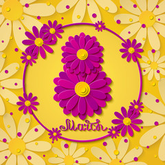 Fototapeta na wymiar 8 march international womens day yellow greeting card with pink flowers and hand written letters. Paper art design. Vector illustration