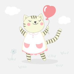 Card with cute kitten girl. Vector illustration.