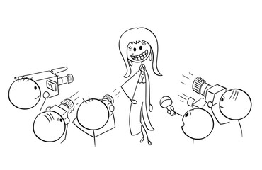 Cartoon stick man drawing illustration of sexy female star celebrity with large crazy artificial smile photographed on red carpet.