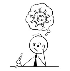 Cartoon stick man drawing conceptual illustration of businessman thinking hard trying to find problem solution.