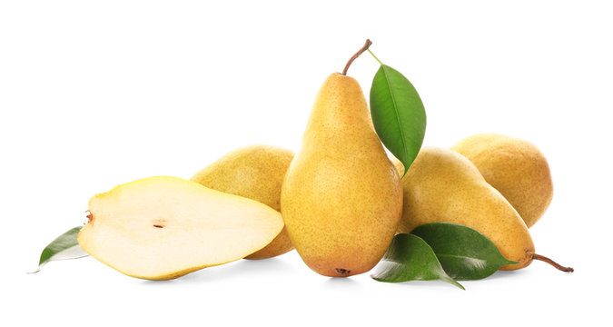 Yummy fresh ripe pears with slice on white background