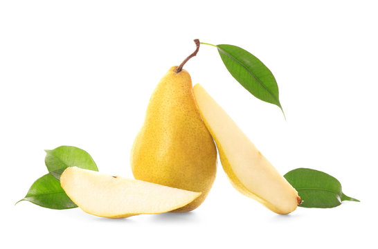 Yummy fresh ripe pear with slices on white background