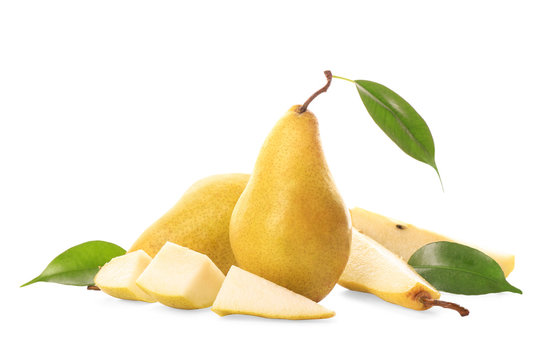 Yummy fresh ripe pears with slices on white background