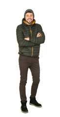 Young man in warm clothing on white background. Ready for winter vacation