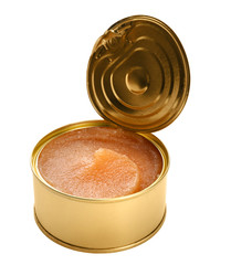 Delicious cod caviar in tin can on white background