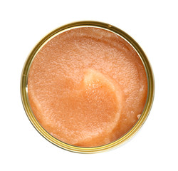 Delicious cod caviar in tin can on white background