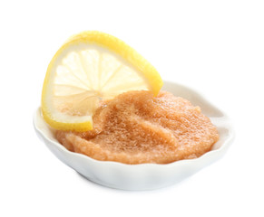 Fototapeta na wymiar Plate with delicious cod caviar on white background
