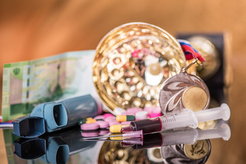 drug doping concept with russian money currency note
