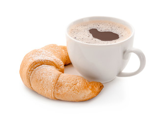 Tasty crescent roll with cup of coffee on white background