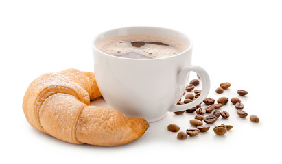 Tasty crescent roll with cup of coffee on white background
