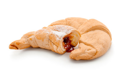 Tasty crescent rolls with jam on white background