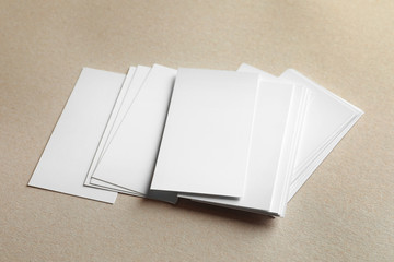 Blank business cards on light background