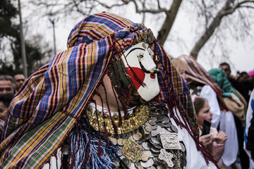 NAOUSSA, GREECE - FEBRUARY 18, 2018: The ancient custom of Genitsari and Boules. A dance-event taking place every year at the town of Naoussa, in Northern Greece, during the period of the carnival.