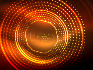 Magic neon circle shape abstract background, shiny light effect template for web banner, business or technology presentation background or elements, vector illustration