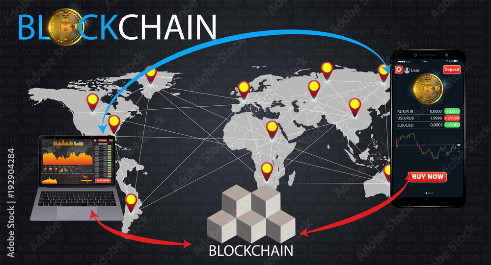 Poster how does a blockchain work: cryptocurrency and secure transactions infographic