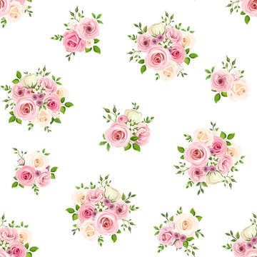 Vector seamless pattern with pink and white roses on a white background.