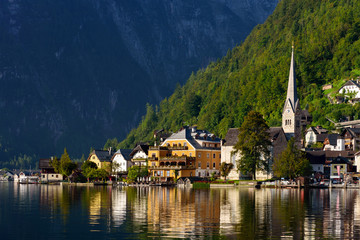 Fototapeta na wymiar View of Hallstatt Village and Evangelical Church in the Morning, Hallstatt, Austria