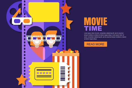 Movie time, date at the cinema vector flat illustration. Happy couple in 3d glasses in heart shape frame of film. Design for cinema festival poster, sale tickets banner, flyer, coupon.