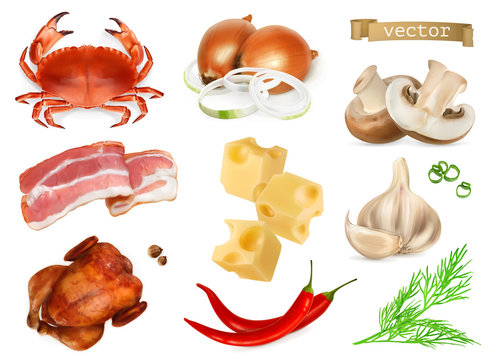 Food flavors and seasonings for snacks, natural additives, spice and other taste in cooking. 3d realistic vector icon set