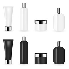 Black and white color cosmetic package template collection for cream, foams, gel, lotion and shampoo.