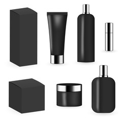 Black color cosmetic package template collection for cream, foams, gel, lotion, pomade and shampoo.