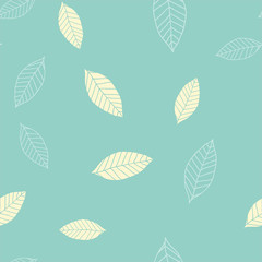 Seamless pattern with beige leaves on blue green background, vector