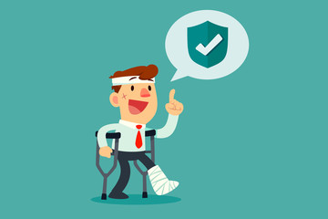 injured businessman with crutches covered by his insurance