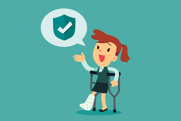 injured businesswoman with crutches covered by her insurance