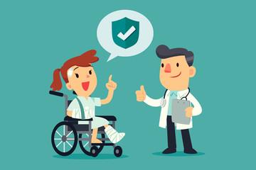 injured woman in wheelchair with insurance coverage talking with doctor