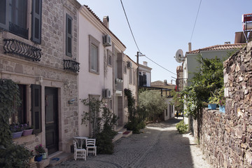 View of historical, old street in old town of Cunda (Alibey) isl