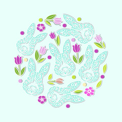 Circle concept with Bunny head and flowers. Vector design element for Happy Easter Day, party invitation, greeting card, web, postcard, girl or boy birthday, baby shower. Isolated on blue background.