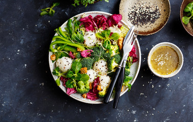 Vegetarian food, salad. Rice balls with vegetables. Healthy food and cuisine
