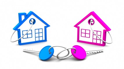 Pink Blue house and key on white background. 3D rendering