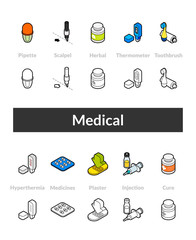 Set of isometric icons in otline style, colored and black versions