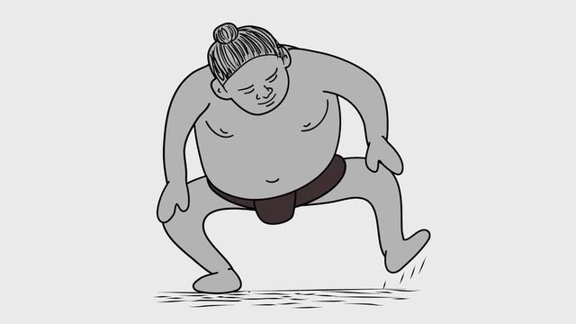 2d Animation motion graphics showing a Japanese sumo wrestler stomping his feet using the ceremonial stomping technique of shiko  done drawing style  on white screen in  HD high definition.