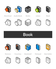 Set of isometric icons in otline style, colored and black versions