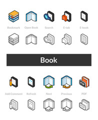Set of isometric icons in otline style, colored and black versions